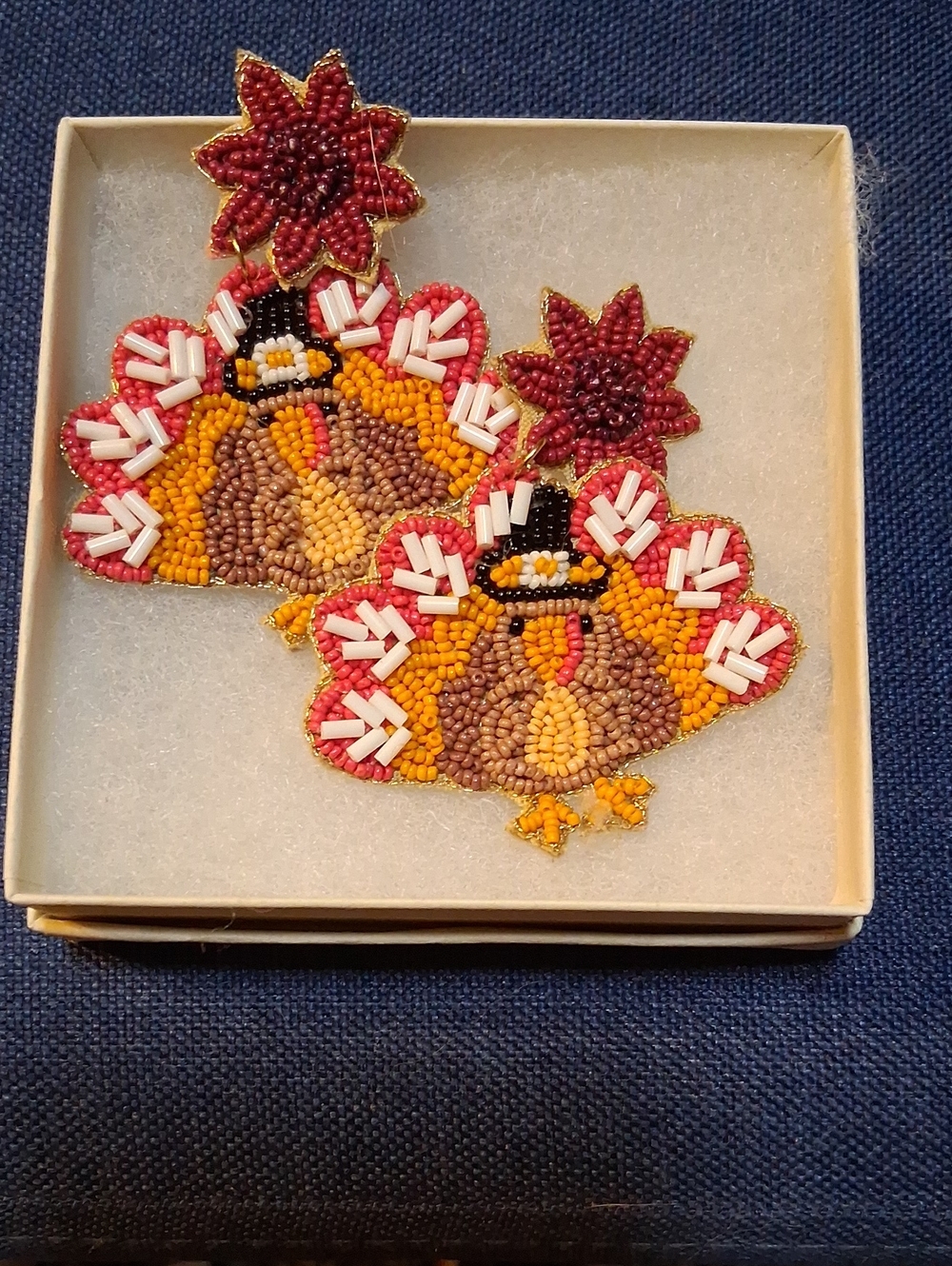Hand Crafted Red, Gold and Brown Beaded Turkey Drop Earrings